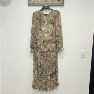 Halogen boho Tan floral long sleeve Tiered Ruffled Maxi Dress small women’s nwot
